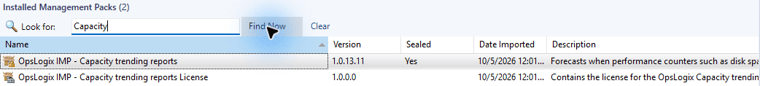 The two OpsLogix capacity management packs in the SCOM console