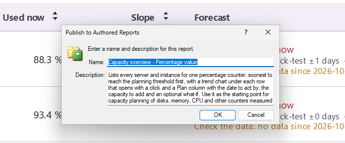 The Publish to Authored Reports dialog in the SCOM report viewer
