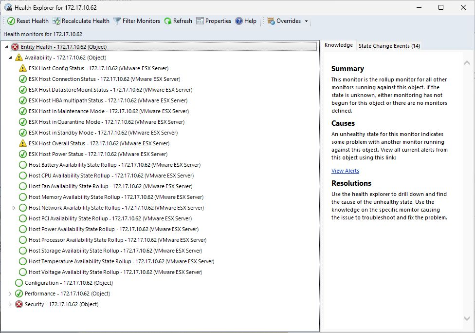 Health Explorer of an ESX host with the host state monitors