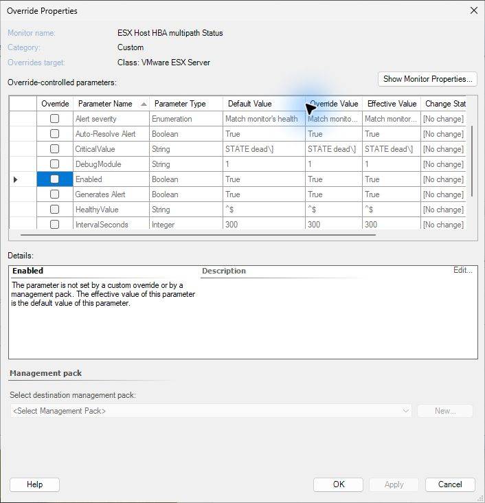 Override Properties of the ESX Host HBA multipath Status monitor