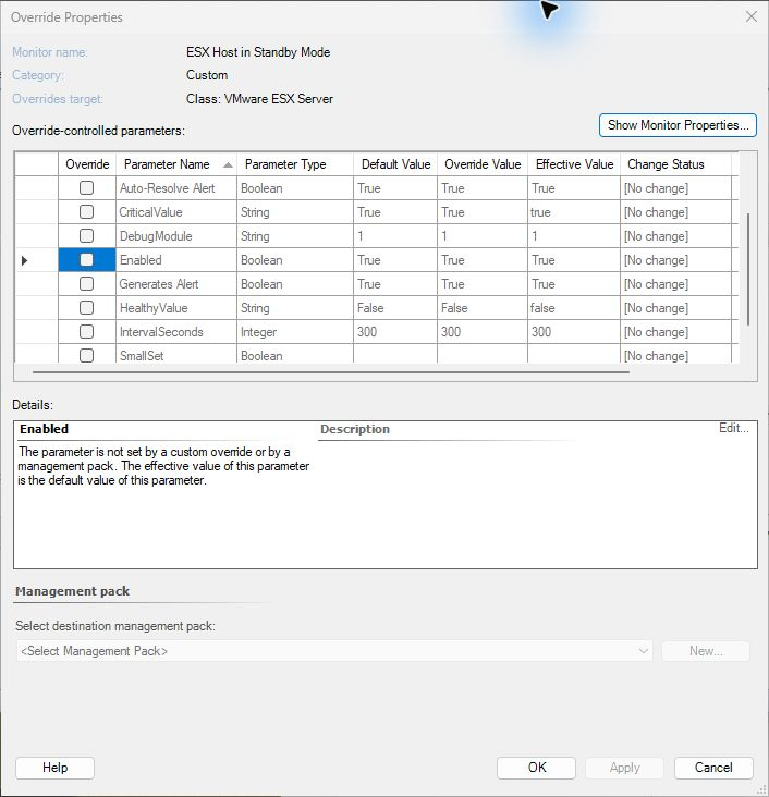 Override Properties of the ESX Host in Standby Mode monitor