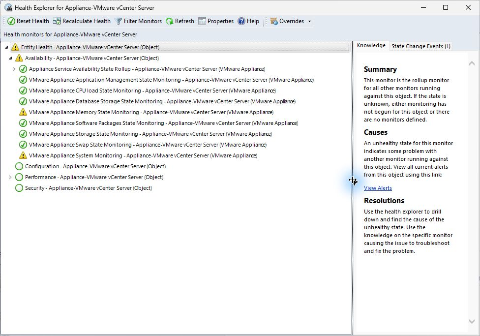 Health Explorer of a VMware Appliance with the eight health monitors